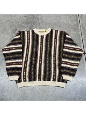 vintage new river co beige and olive striped coogi style knit sweater size large